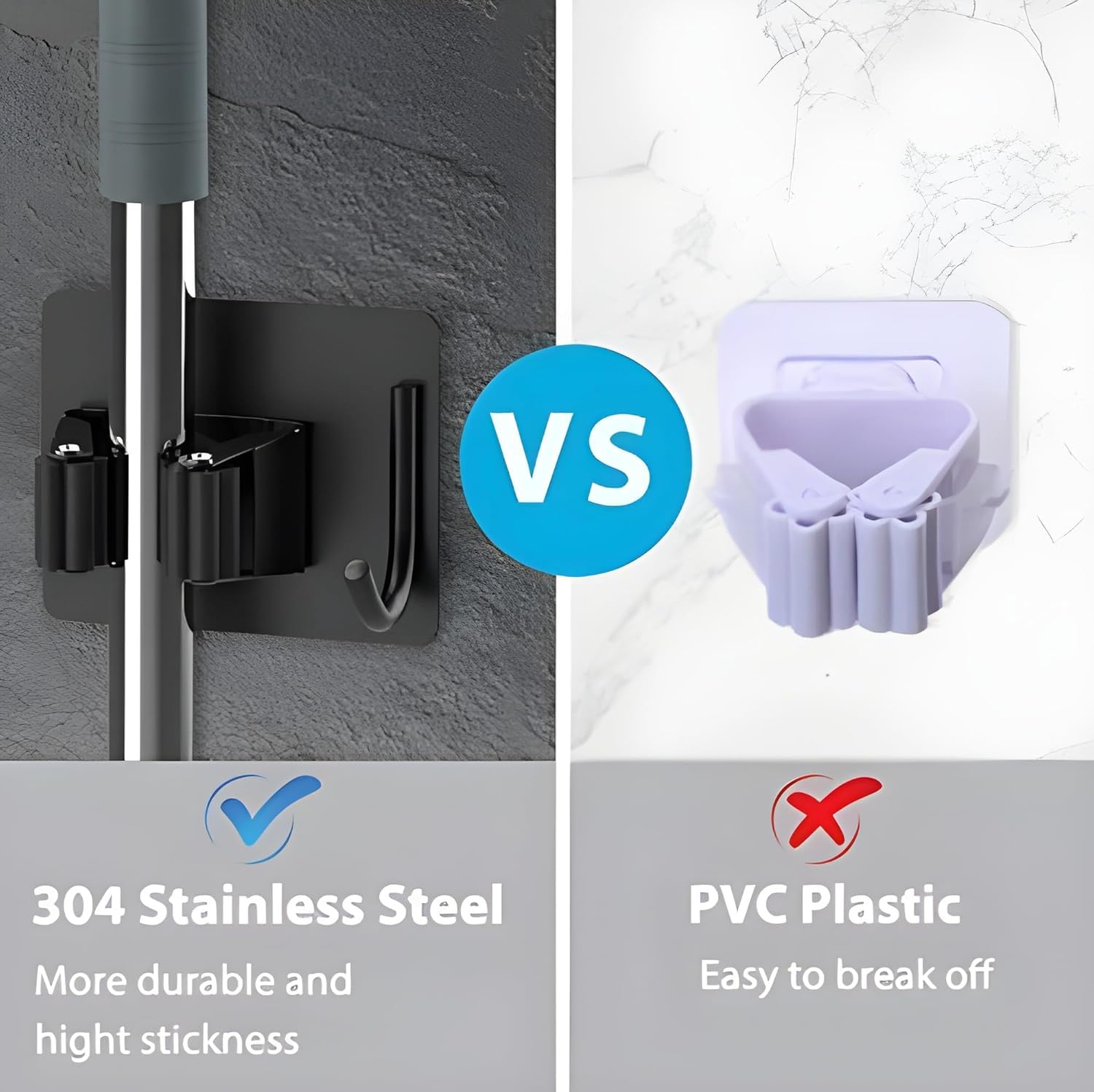 JIALTO 2 Pieces Stainless Steel Broom Holder with Hook - Wall-Mounted Adhesive Waterproof Rustproof Heavy Duty Broom and Mop Stick Holder for Home, Kitchen,