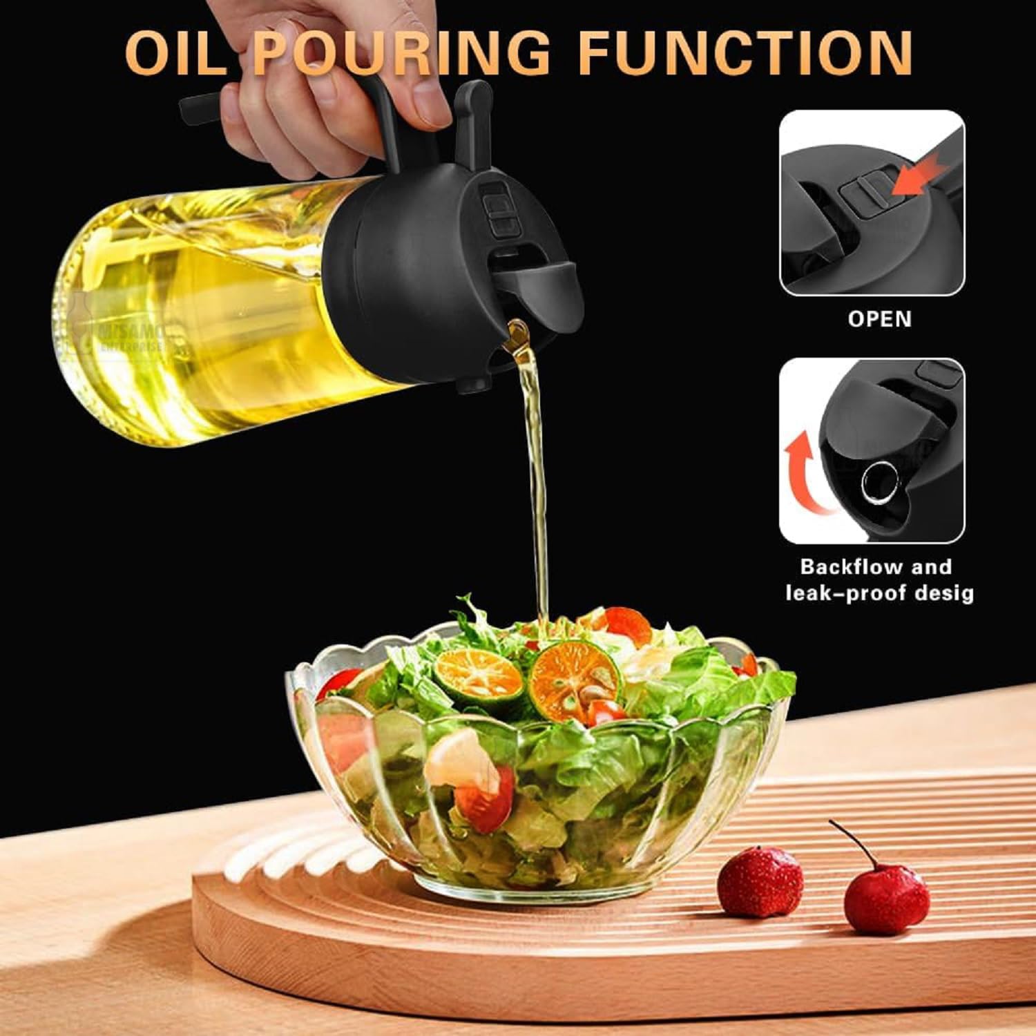 Misamo Enterprise 2-in-1 Glass Oil Dispenser & Sprayer for Cooking, 500ml Olive Oil Spray Bottle with Handle, Fine Mist & Pour Spout, Leak-Proof for Air Fryer, Salad, BBQ & Kitchen (Black)