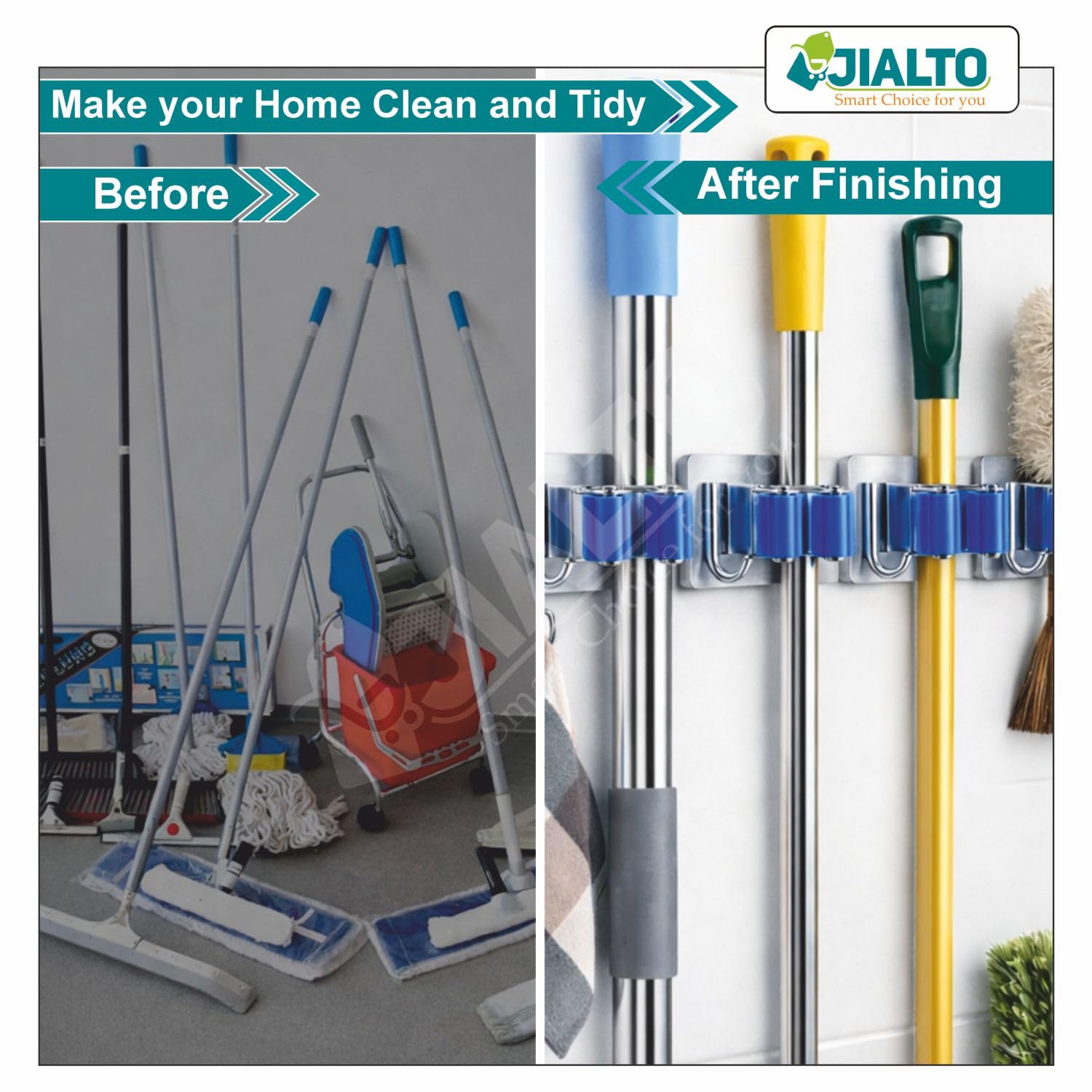 JIALTO 2 Pieces Stainless Steel Broom Holder with Hook - Wall-Mounted Adhesive Waterproof Rustproof Heavy Duty Broom and Mop Stick Holder for Home, Kitchen,
