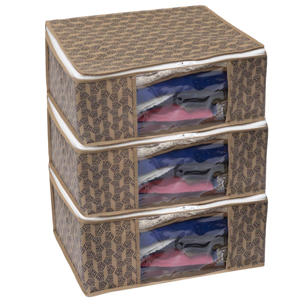Homestrap Set of 6 Non-Woven Printed Saree Cover/Cloth Storage/Wardrobe Organizer For Clothes with Transparent Window (Grey)(Shark Tank Featured) 45cmx33cmx22cm