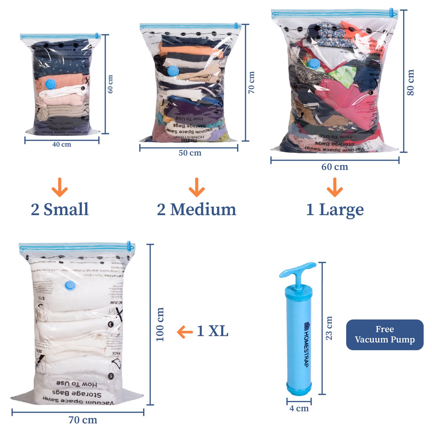 HomeStrap Vacuum Storage Bags with Pump Pack of 5 (Large)| Airtight and Reusable Space Saver Double Ziplock Compression Bags with Vacuum Pump|Creates 4x More Space for Clothes, Winterwear, Blankets