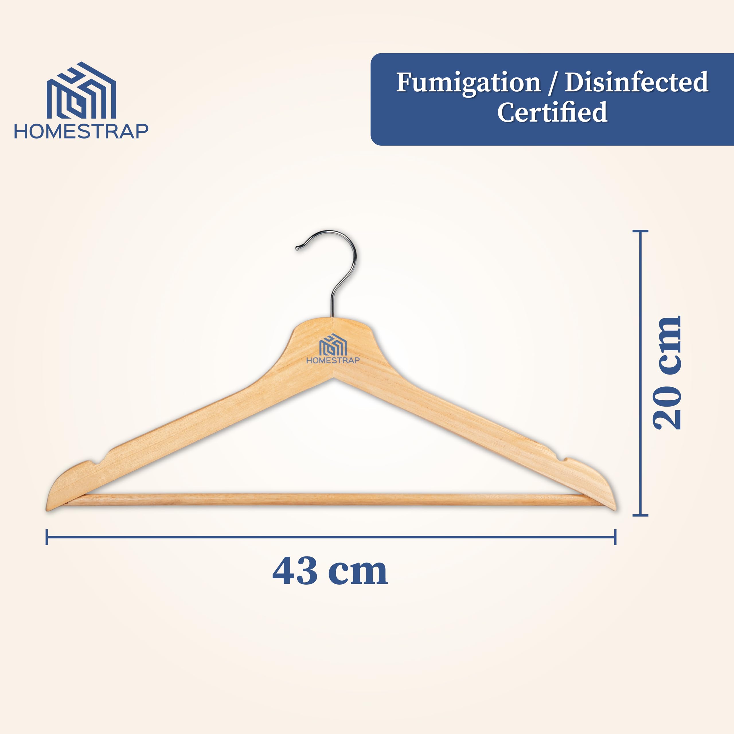 Homestrap Premium Round Bar Wooden Hanger (Pack of 12)| Durable Wooden Garment Hangers with Cut Notches & 360 Degree Swivel Chrome Hook for Hanging Heavy Clothes