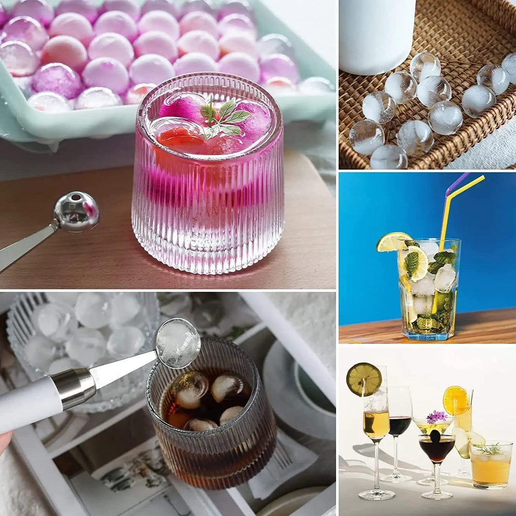Clazkit Plastic Mini Round Ice Cube Tray with Lid Ball Maker for Fresh Juice, Mocktails, Whiskey, Cocktails, Tea & Coffee 33 Cavity, Easy Release Stackable in Freezer Pack of 2, Blue,Pink