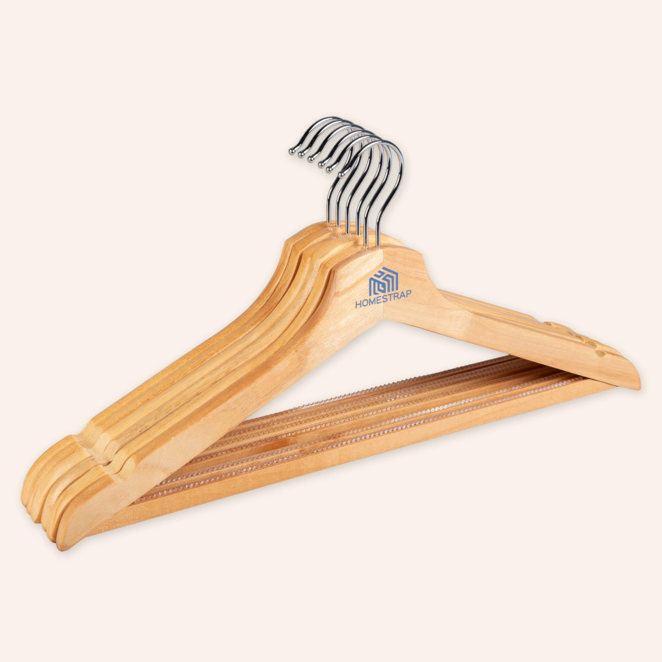 Homestrap Premium Round Bar Wooden Hanger (Pack of 12)| Durable Wooden Garment Hangers with Cut Notches & 360 Degree Swivel Chrome Hook for Hanging Heavy Clothes