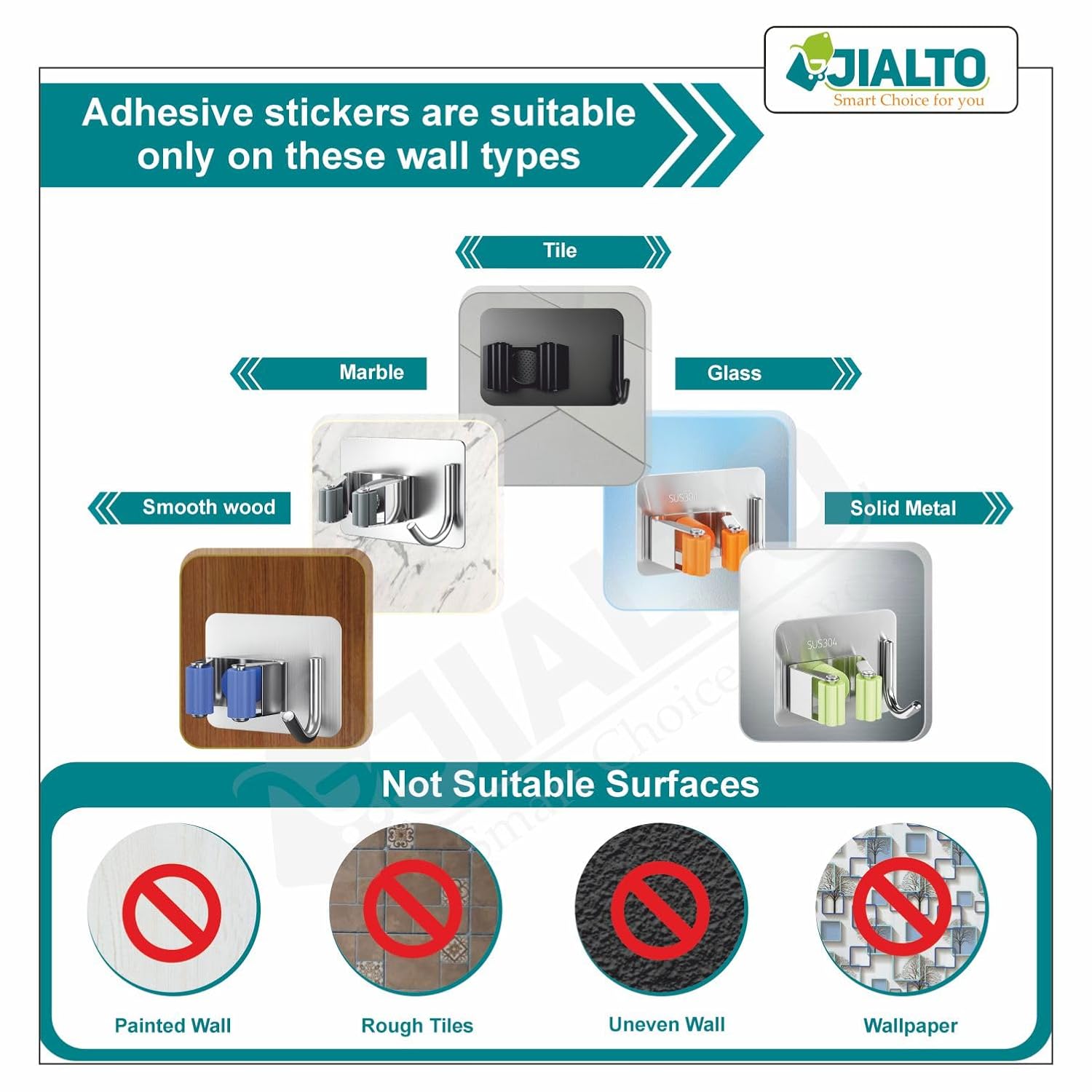 JIALTO 2 Pieces Stainless Steel Broom Holder with Hook - Wall-Mounted Adhesive Waterproof Rustproof Heavy Duty Broom and Mop Stick Holder for Home, Kitchen,