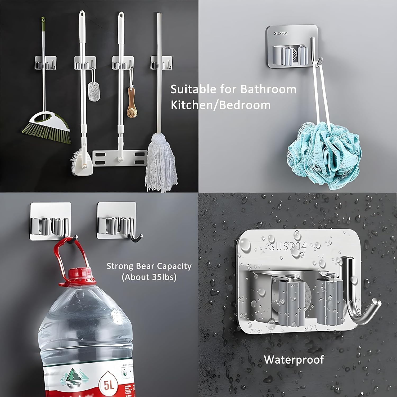 JIALTO 2 Pieces Stainless Steel Broom Holder with Hook - Wall-Mounted Adhesive Waterproof Rustproof Heavy Duty Broom and Mop Stick Holder for Home, Kitchen,