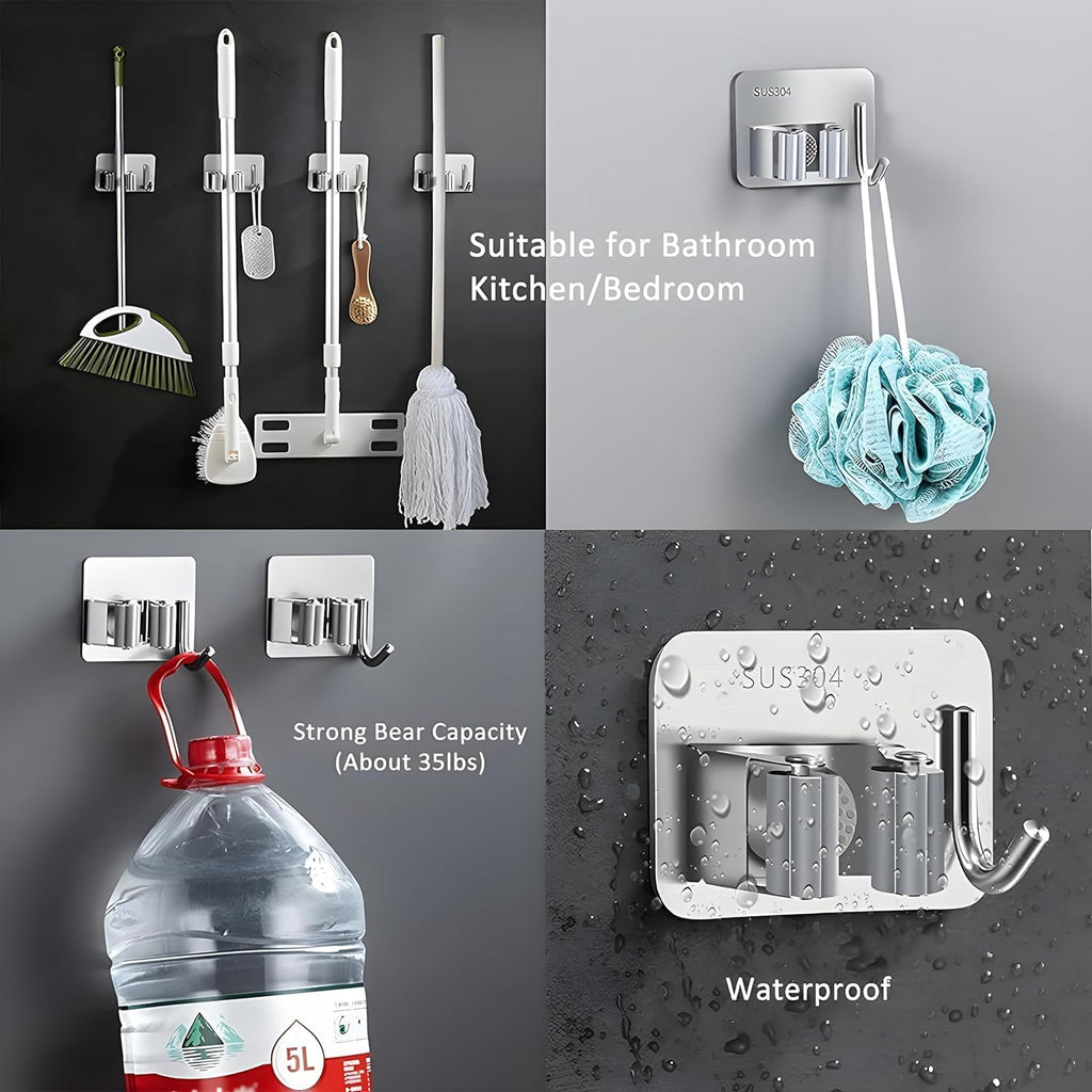 JIALTO 2 Pieces Stainless Steel Broom Holder with Hook - Wall-Mounted Adhesive Waterproof Rustproof Heavy Duty Broom and Mop Stick Holder for Home, Kitchen,