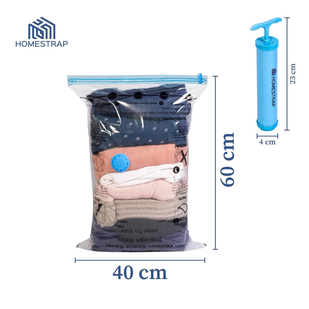 HomeStrap Vacuum Storage Bags with Pump Pack of 5 (Large)| Airtight and Reusable Space Saver Double Ziplock Compression Bags with Vacuum Pump|Creates 4x More Space for Clothes, Winterwear, Blankets