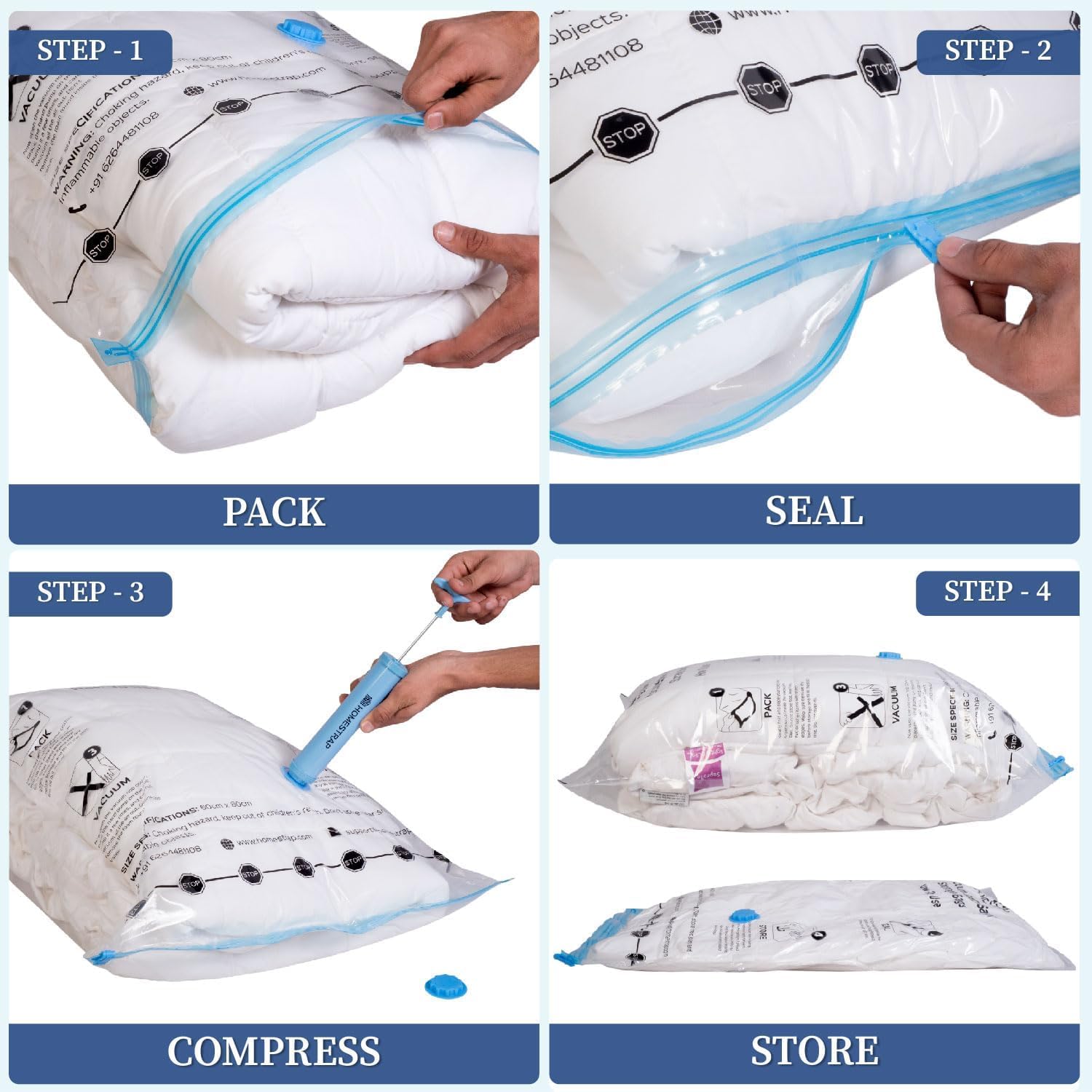 HomeStrap Vacuum Storage Bags with Pump Pack of 5 (Large)| Airtight and Reusable Space Saver Double Ziplock Compression Bags with Vacuum Pump|Creates 4x More Space for Clothes, Winterwear, Blankets