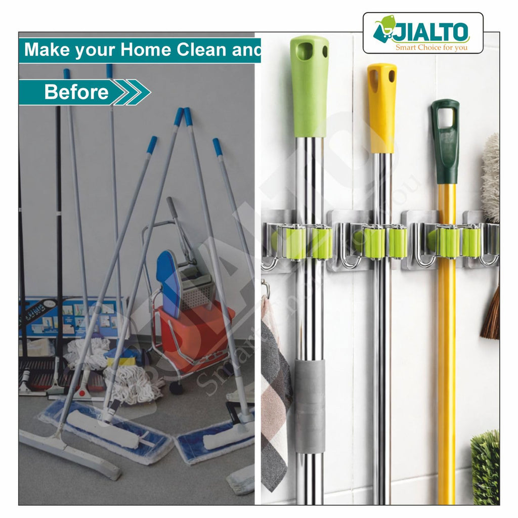 JIALTO 2 Pieces Stainless Steel Broom Holder with Hook - Wall-Mounted Adhesive Waterproof Rustproof Heavy Duty Broom and Mop Stick Holder for Home, Kitchen,