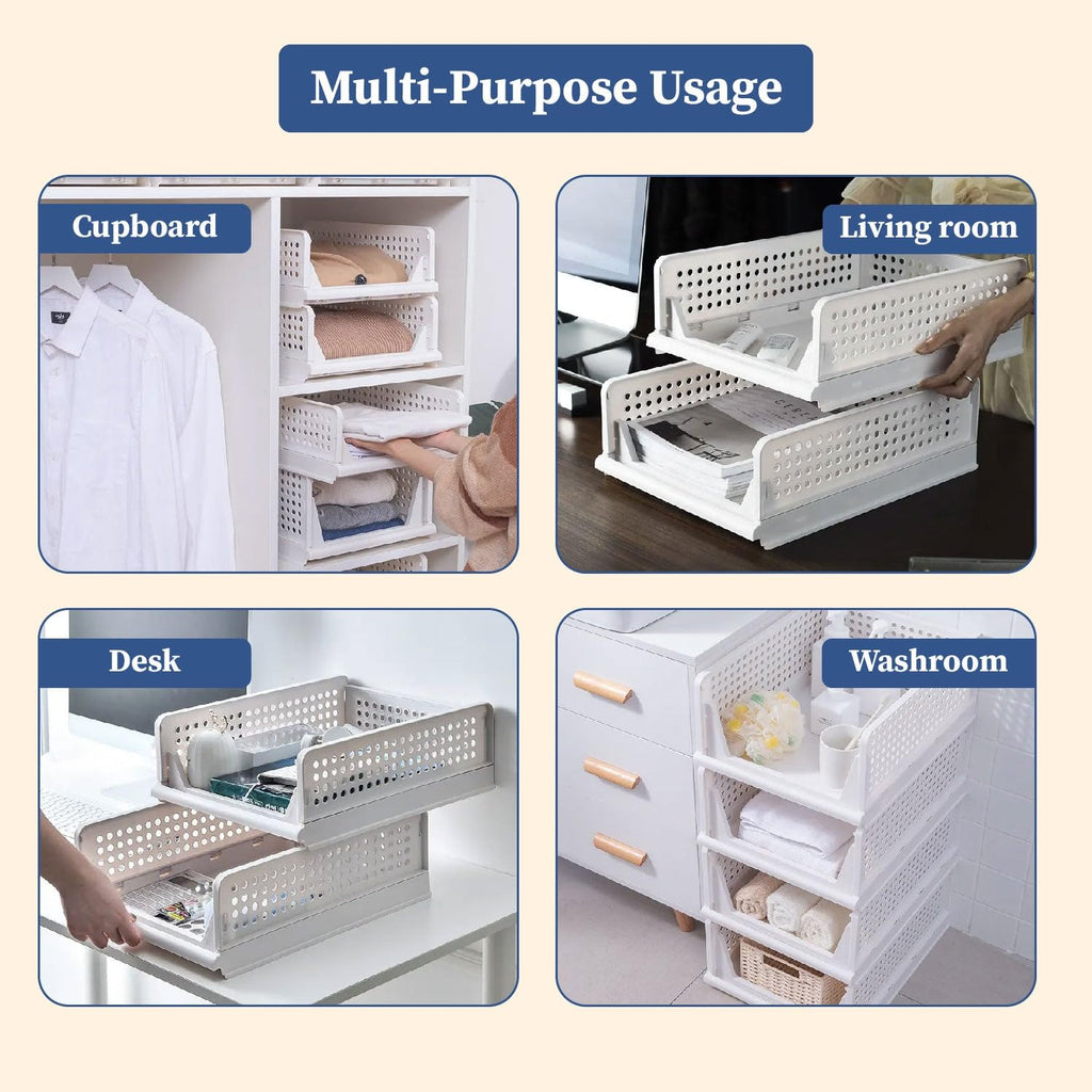 HomeStrap Set of 3, Stack it Up | Large Cloth Stacker | Foldable Shirt Storage Stacker for Wardrobe | Plastic Stackable Closet Organizer | White | 44L x 33W x 19H Centimeters