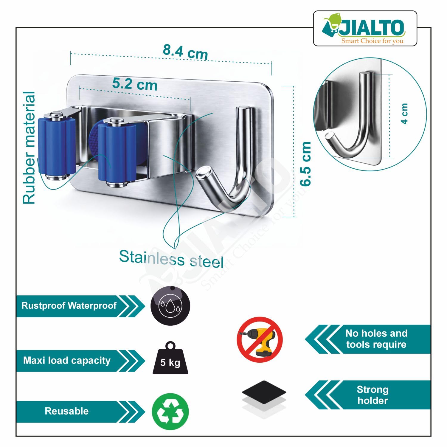 JIALTO 2 Pieces Stainless Steel Broom Holder with Hook - Wall-Mounted Adhesive Waterproof Rustproof Heavy Duty Broom and Mop Stick Holder for Home, Kitchen,