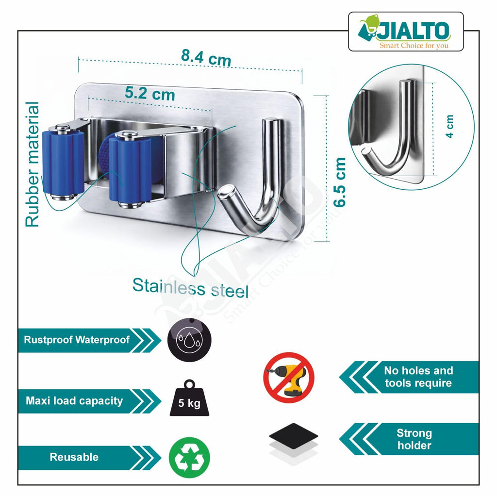 JIALTO 2 Pieces Stainless Steel Broom Holder with Hook - Wall-Mounted Adhesive Waterproof Rustproof Heavy Duty Broom and Mop Stick Holder for Home, Kitchen,