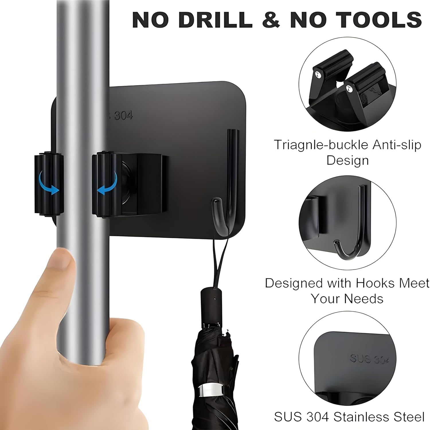 JIALTO 2 Pieces Stainless Steel Broom Holder with Hook - Wall-Mounted Adhesive Waterproof Rustproof Heavy Duty Broom and Mop Stick Holder for Home, Kitchen,
