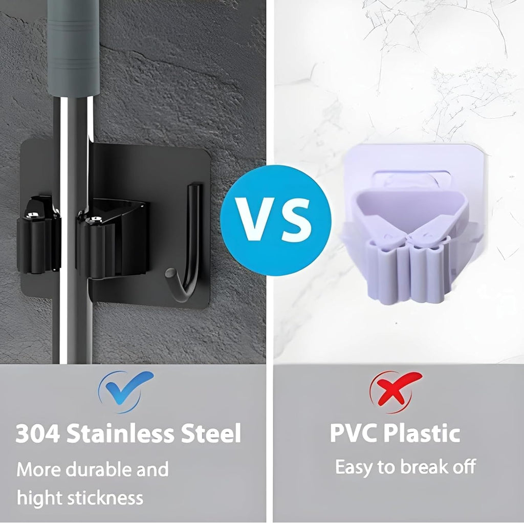 JIALTO 2 Pieces Stainless Steel Broom Holder with Hook - Wall-Mounted Adhesive Waterproof Rustproof Heavy Duty Broom and Mop Stick Holder for Home, Kitchen,