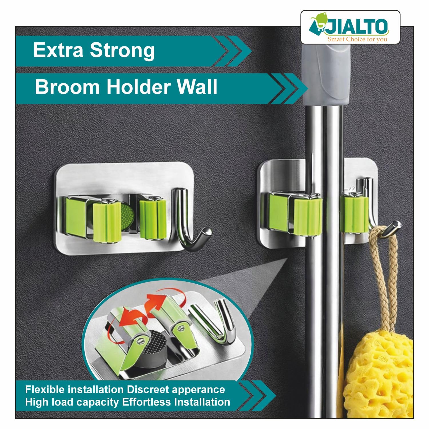 JIALTO 2 Pieces Stainless Steel Broom Holder with Hook - Wall-Mounted Adhesive Waterproof Rustproof Heavy Duty Broom and Mop Stick Holder for Home, Kitchen,