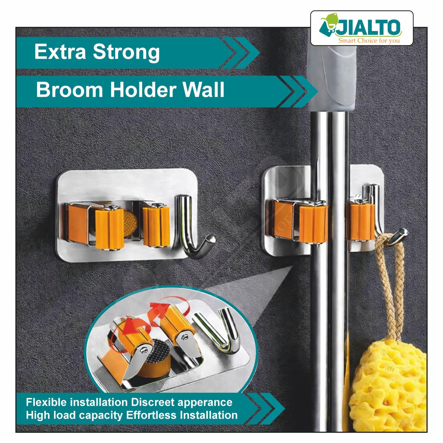 JIALTO 2 Pieces Stainless Steel Broom Holder with Hook - Wall-Mounted Adhesive Waterproof Rustproof Heavy Duty Broom and Mop Stick Holder for Home, Kitchen,
