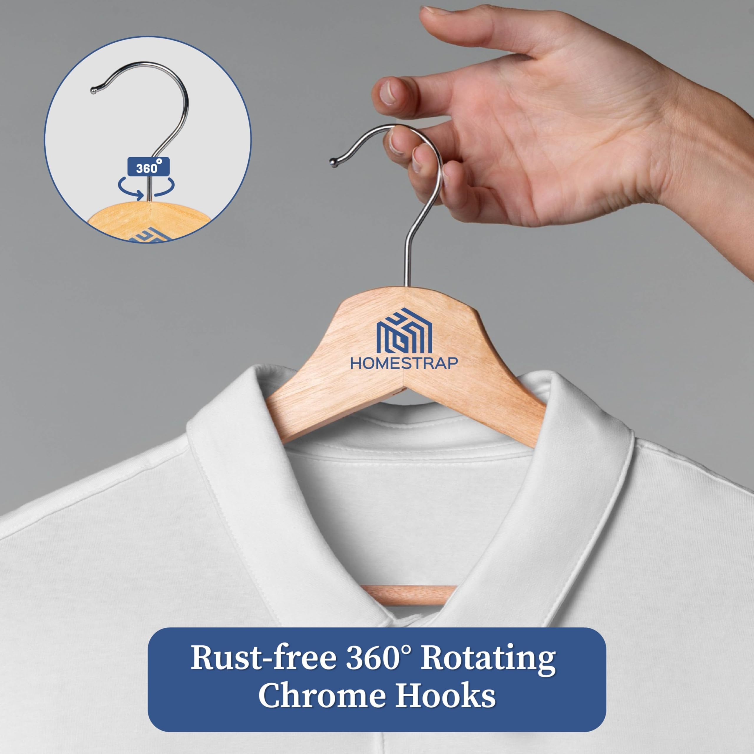 Homestrap Premium Round Bar Wooden Hanger (Pack of 12)| Durable Wooden Garment Hangers with Cut Notches & 360 Degree Swivel Chrome Hook for Hanging Heavy Clothes
