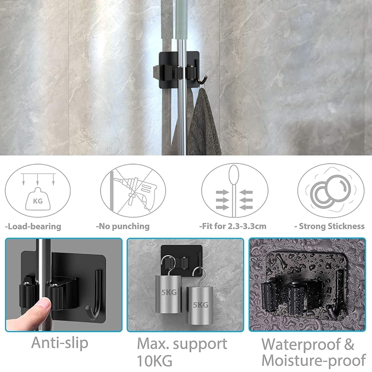 JIALTO 2 Pieces Stainless Steel Broom Holder with Hook - Wall-Mounted Adhesive Waterproof Rustproof Heavy Duty Broom and Mop Stick Holder for Home, Kitchen,
