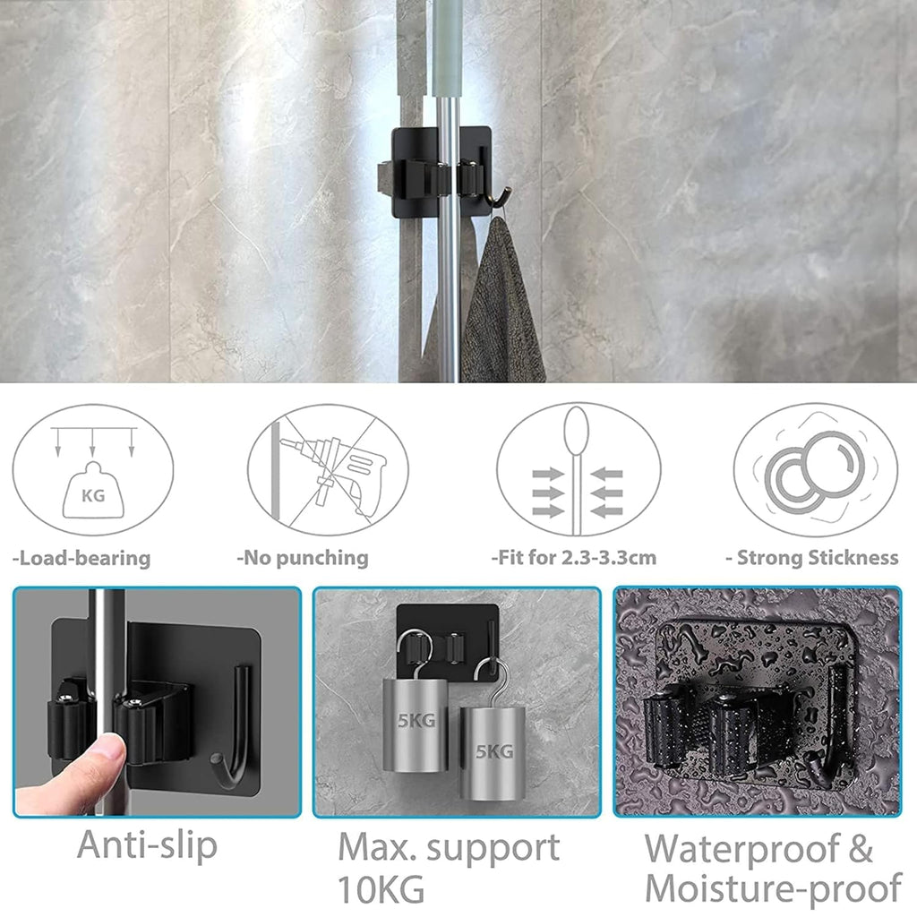 JIALTO 2 Pieces Stainless Steel Broom Holder with Hook - Wall-Mounted Adhesive Waterproof Rustproof Heavy Duty Broom and Mop Stick Holder for Home, Kitchen,