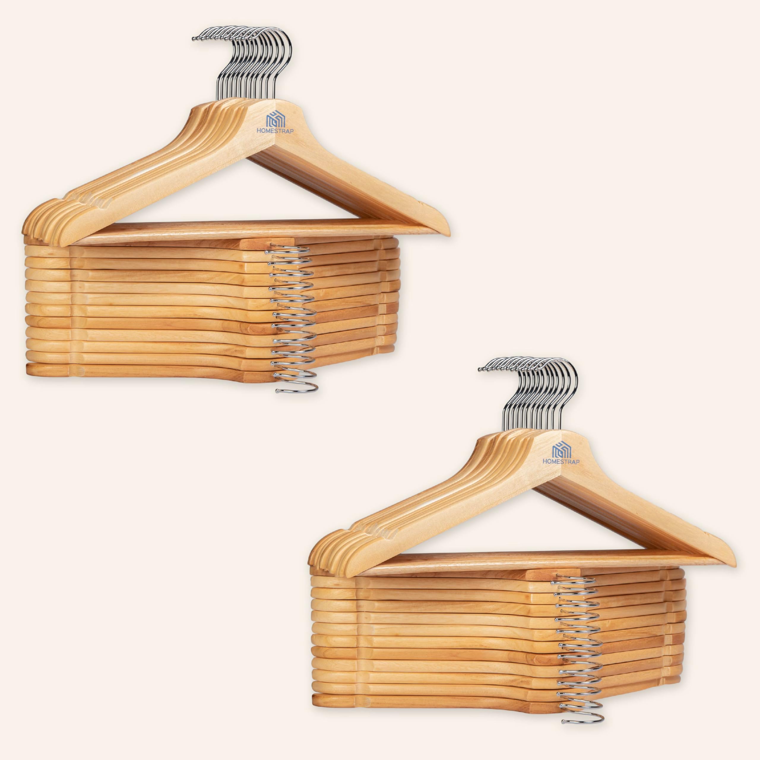 Homestrap Premium Round Bar Wooden Hanger (Pack of 12)| Durable Wooden Garment Hangers with Cut Notches & 360 Degree Swivel Chrome Hook for Hanging Heavy Clothes