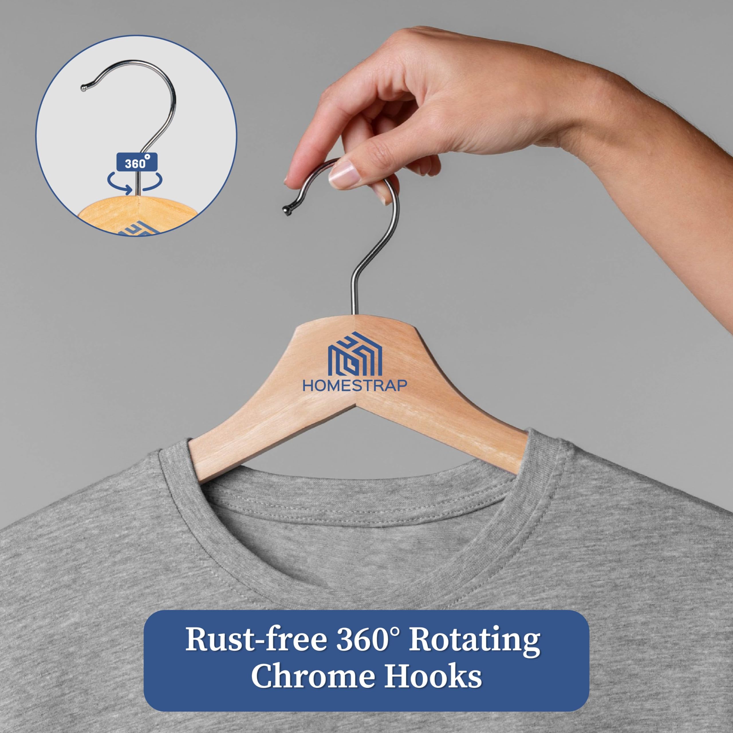 Homestrap Premium Round Bar Wooden Hanger (Pack of 12)| Durable Wooden Garment Hangers with Cut Notches & 360 Degree Swivel Chrome Hook for Hanging Heavy Clothes