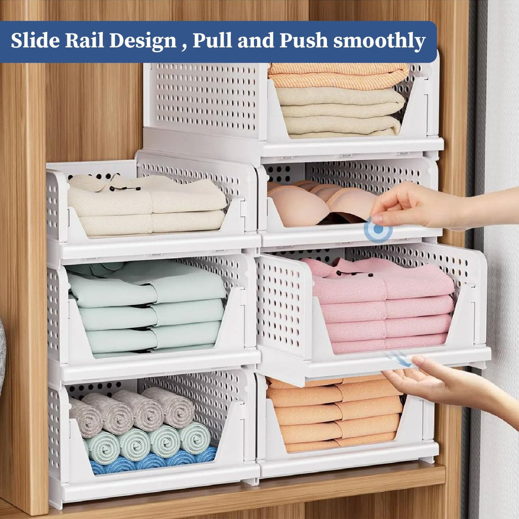 HomeStrap Set of 3, Stack it Up | Large Cloth Stacker | Foldable Shirt Storage Stacker for Wardrobe | Plastic Stackable Closet Organizer | White | 44L x 33W x 19H Centimeters