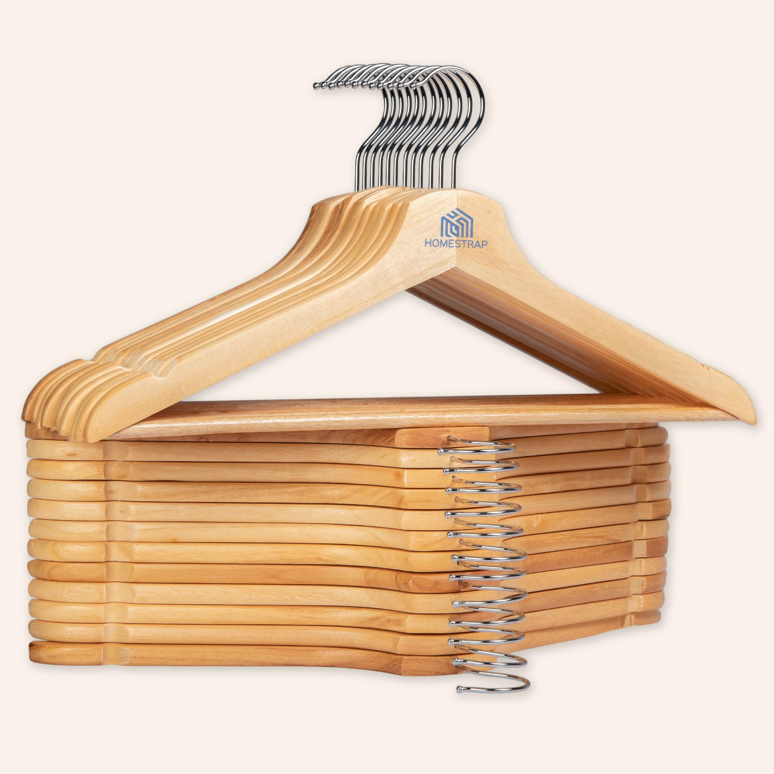Homestrap Premium Round Bar Wooden Hanger (Pack of 12)| Durable Wooden Garment Hangers with Cut Notches & 360 Degree Swivel Chrome Hook for Hanging Heavy Clothes
