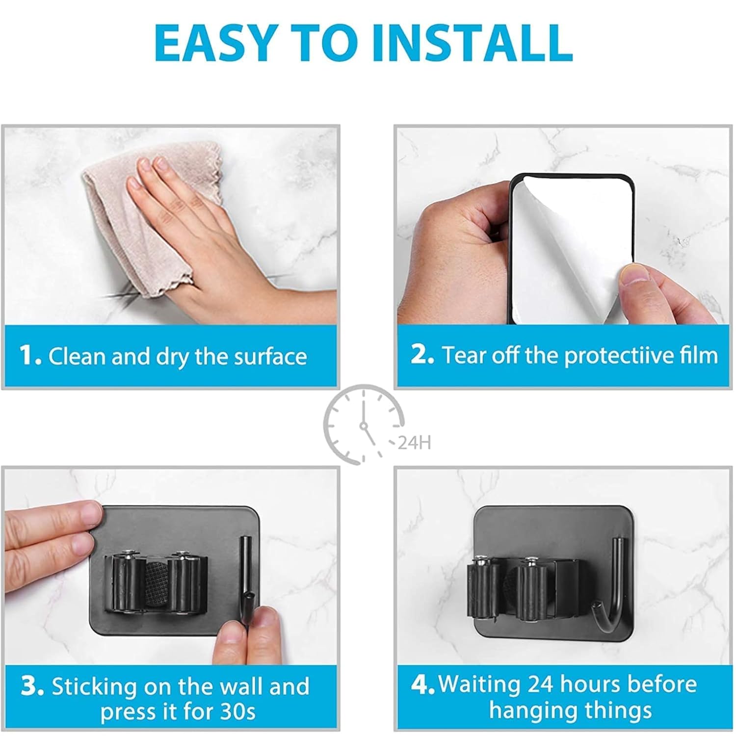 JIALTO 2 Pieces Stainless Steel Broom Holder with Hook - Wall-Mounted Adhesive Waterproof Rustproof Heavy Duty Broom and Mop Stick Holder for Home, Kitchen,