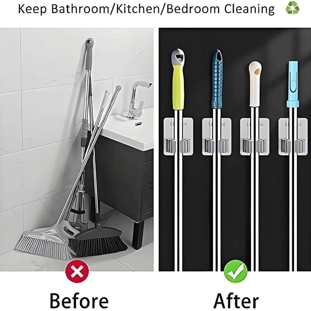 JIALTO 2 Pieces Stainless Steel Broom Holder with Hook - Wall-Mounted Adhesive Waterproof Rustproof Heavy Duty Broom and Mop Stick Holder for Home, Kitchen,