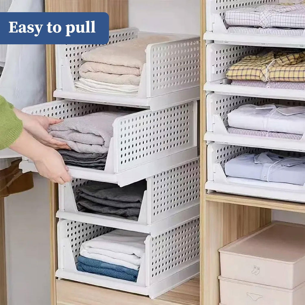 HomeStrap Set of 3, Stack it Up | Large Cloth Stacker | Foldable Shirt Storage Stacker for Wardrobe | Plastic Stackable Closet Organizer | White | 44L x 33W x 19H Centimeters