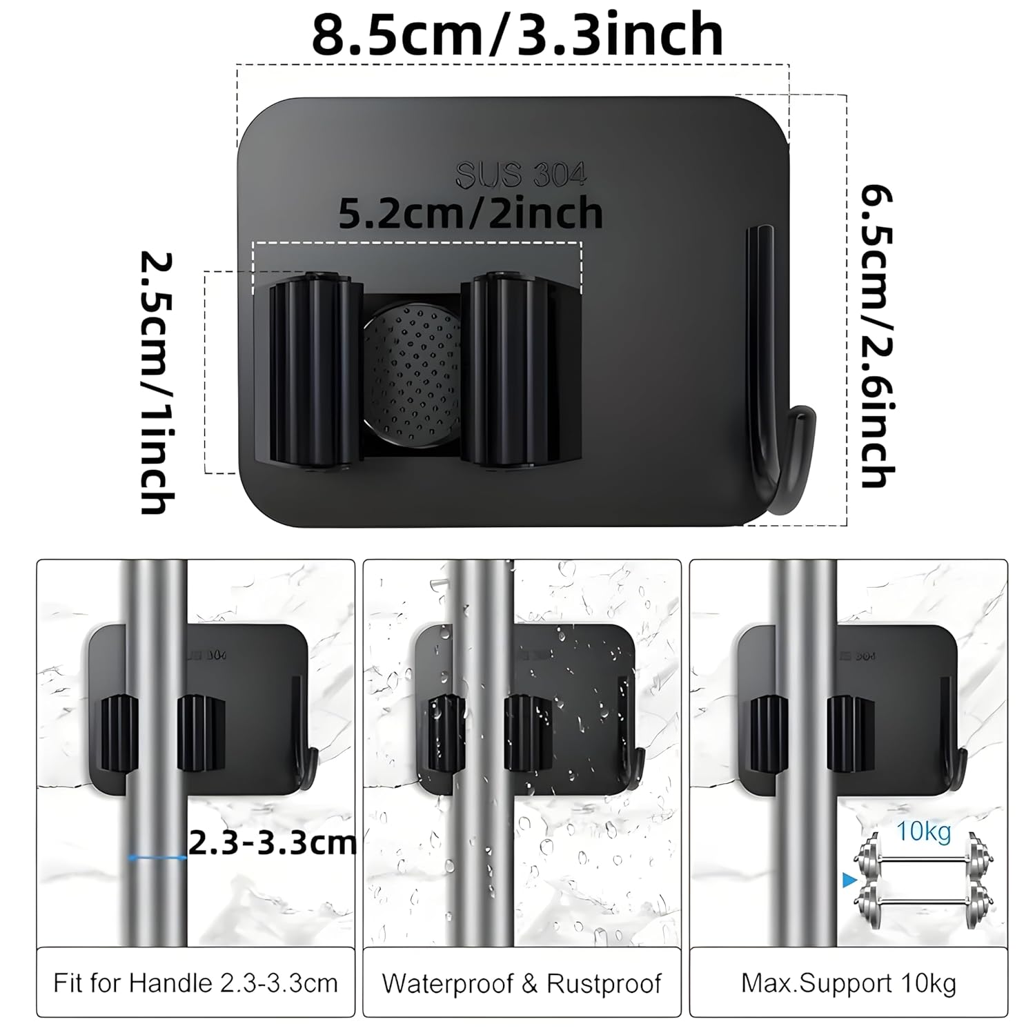 JIALTO 2 Pieces Stainless Steel Broom Holder with Hook - Wall-Mounted Adhesive Waterproof Rustproof Heavy Duty Broom and Mop Stick Holder for Home, Kitchen,