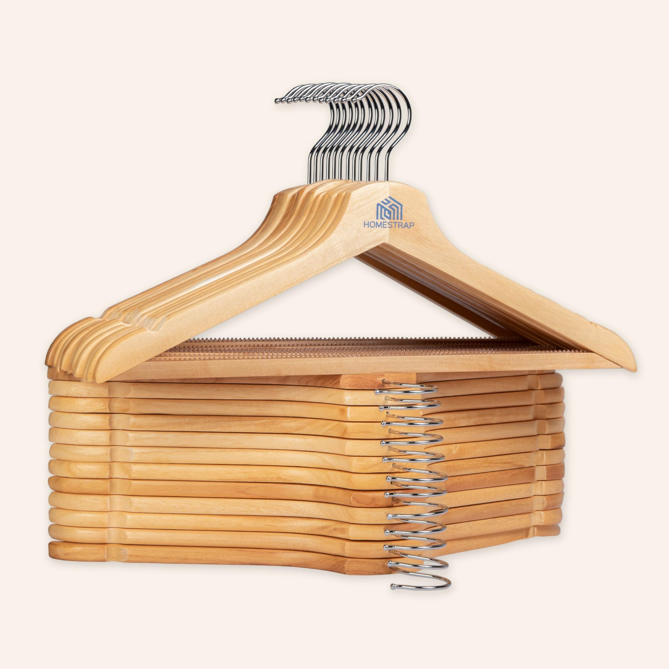 Homestrap Premium Round Bar Wooden Hanger (Pack of 12)| Durable Wooden Garment Hangers with Cut Notches & 360 Degree Swivel Chrome Hook for Hanging Heavy Clothes