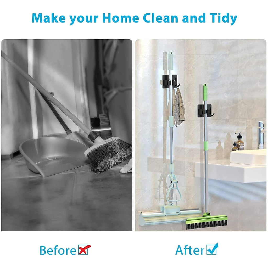 JIALTO 2 Pieces Stainless Steel Broom Holder with Hook - Wall-Mounted Adhesive Waterproof Rustproof Heavy Duty Broom and Mop Stick Holder for Home, Kitchen,