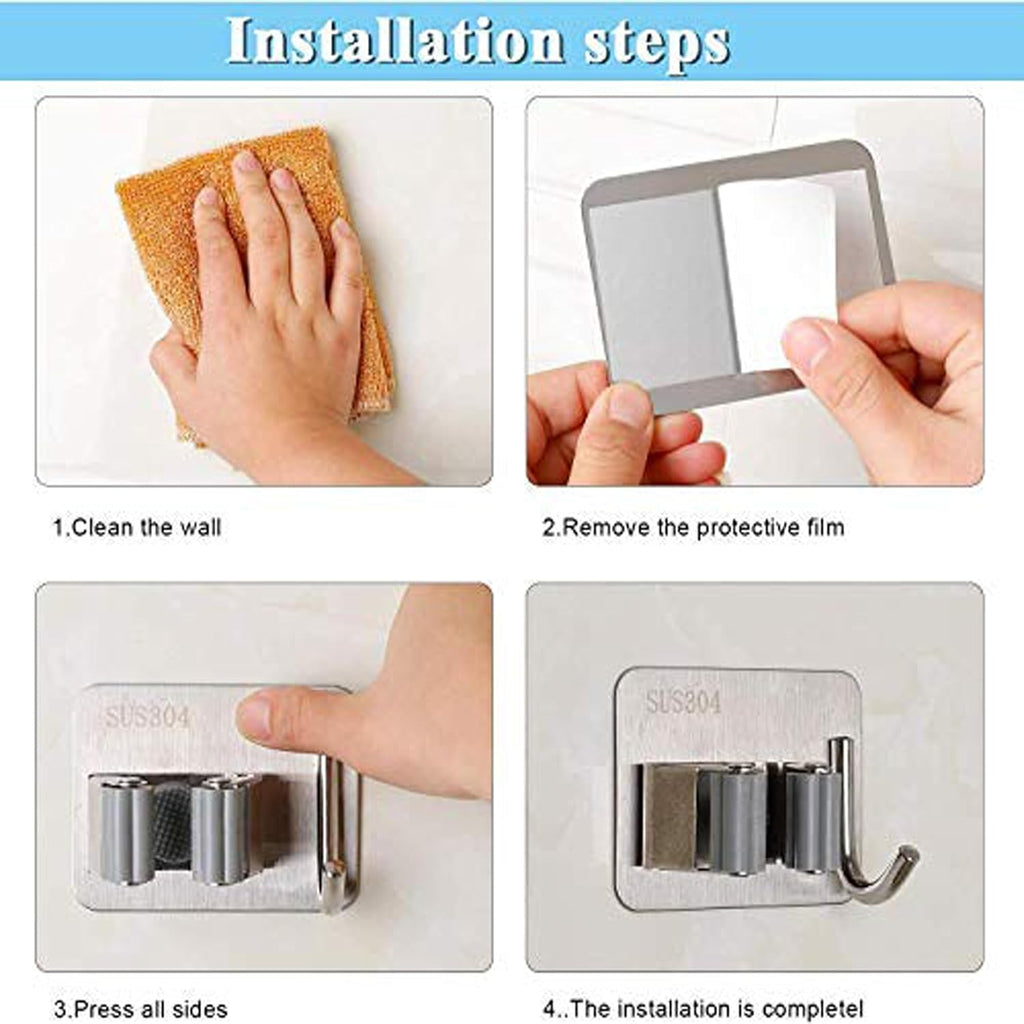 JIALTO 2 Pieces Stainless Steel Broom Holder with Hook - Wall-Mounted Adhesive Waterproof Rustproof Heavy Duty Broom and Mop Stick Holder for Home, Kitchen,