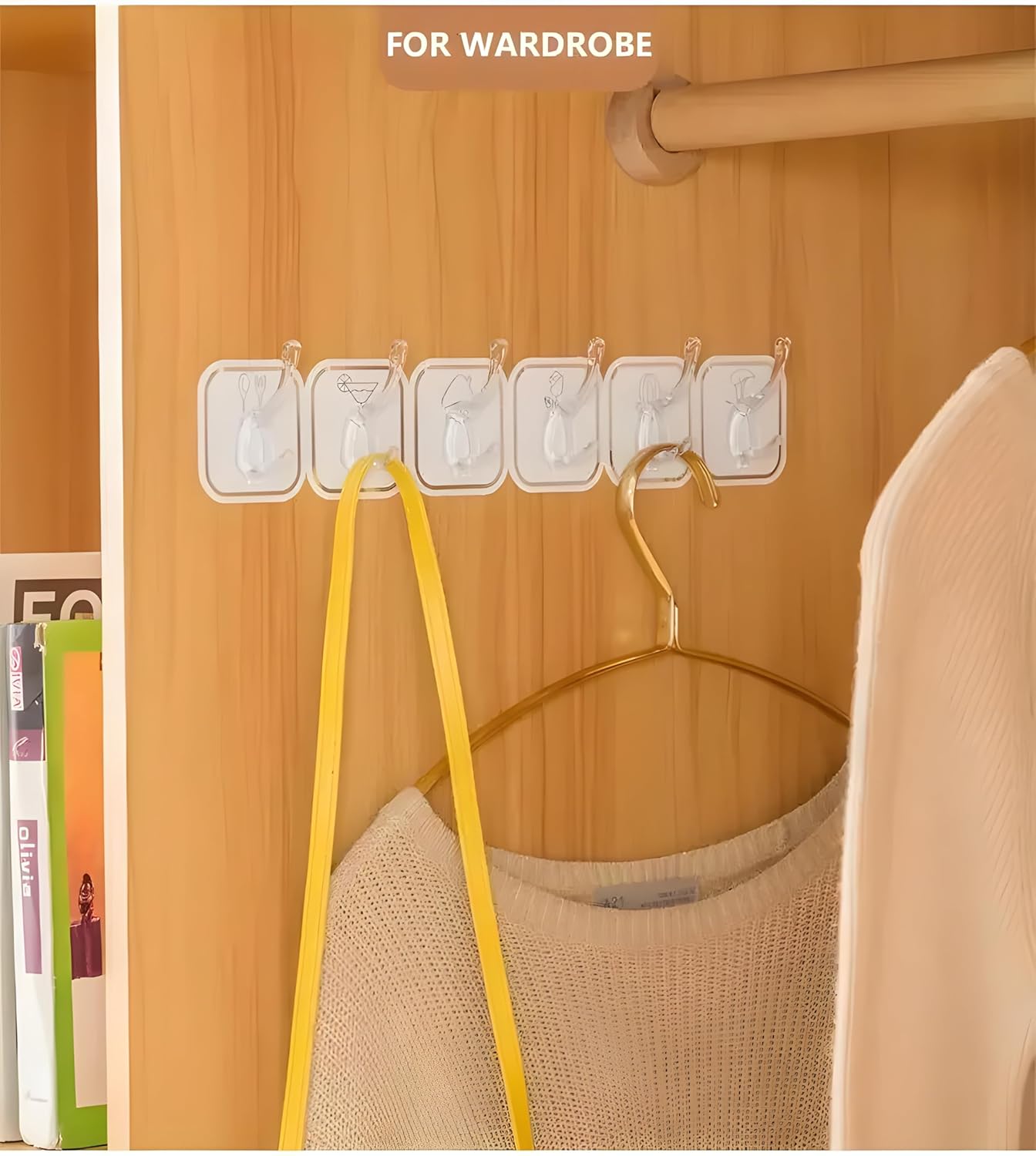 JIALTO 1 Pcs Wall Hanger Hooks for Wall Hook Clothes Hanging for Wall Strong Self Adhesive Magic Sticker Hook | Cloth Hanging Hook | Hooks for Clothes Hanging (6 Hook Strip)