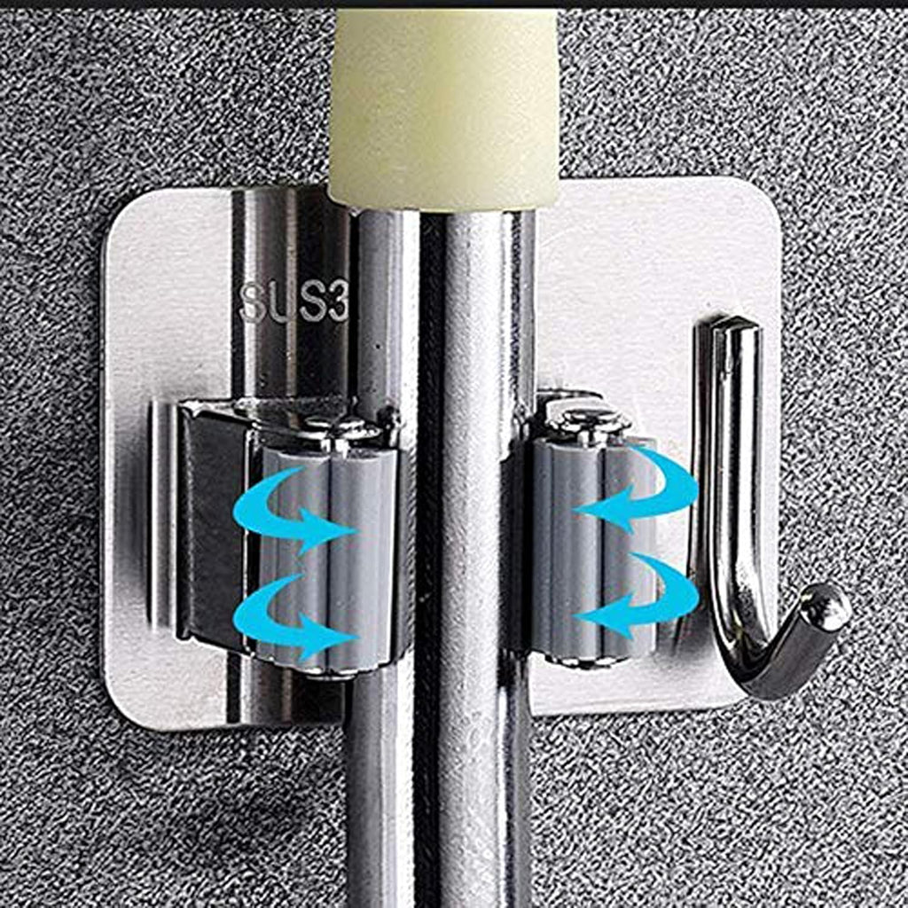 JIALTO 2 Pieces Stainless Steel Broom Holder with Hook - Wall-Mounted Adhesive Waterproof Rustproof Heavy Duty Broom and Mop Stick Holder for Home, Kitchen,