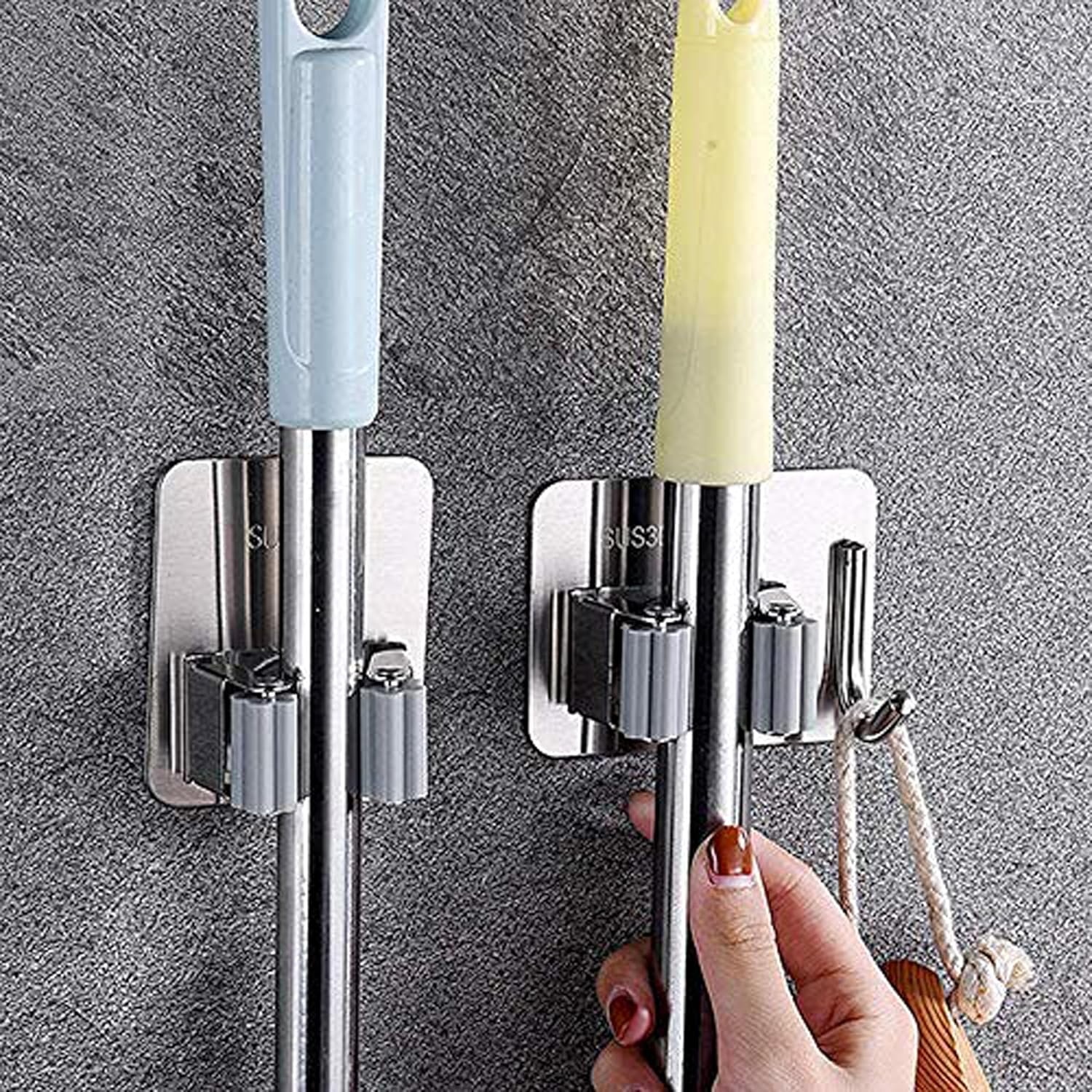 JIALTO 2 Pieces Stainless Steel Broom Holder with Hook - Wall-Mounted Adhesive Waterproof Rustproof Heavy Duty Broom and Mop Stick Holder for Home, Kitchen,