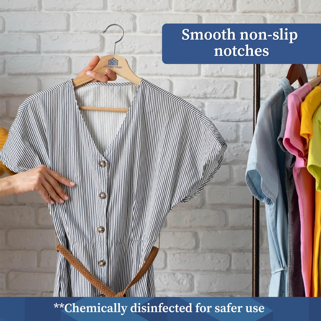 Homestrap Premium Round Bar Wooden Hanger (Pack of 12)| Durable Wooden Garment Hangers with Cut Notches & 360 Degree Swivel Chrome Hook for Hanging Heavy Clothes