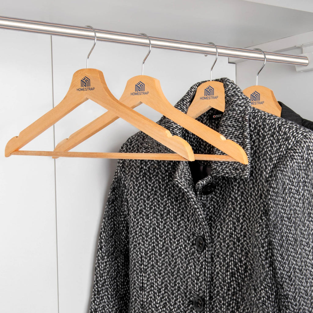 Homestrap Premium Round Bar Wooden Hanger (Pack of 12)| Durable Wooden Garment Hangers with Cut Notches & 360 Degree Swivel Chrome Hook for Hanging Heavy Clothes