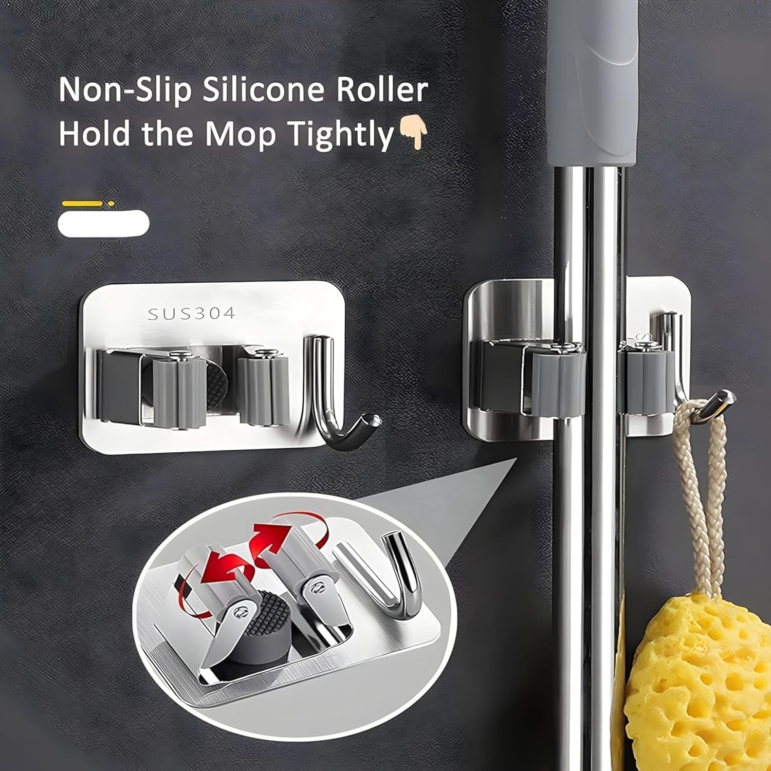JIALTO 2 Pieces Stainless Steel Broom Holder with Hook - Wall-Mounted Adhesive Waterproof Rustproof Heavy Duty Broom and Mop Stick Holder for Home, Kitchen,